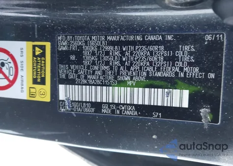 2011 Lexus Rx 350 from USA, damaged, VIN 2T2BK1BA2BC115153